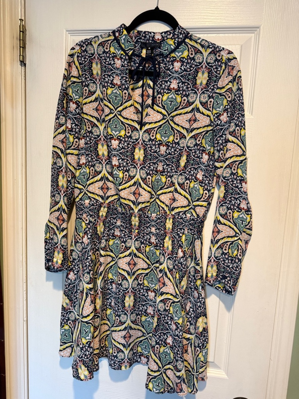Aqua Navy Multicolor rainbow Long-Sleeve Mini Dress aztec western boho cute